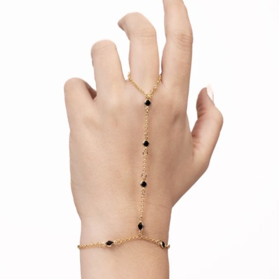 Pulseira Pontos Ônix Hand Chain Banhado em Ouro