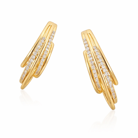 Brinco Ear Hook Fileiras Cravejados Banhado em Ouro