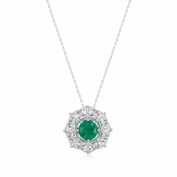 Colar Redondo Detalhes Pedra Turmalina Verde Fusion Banhado em Ródio Branco