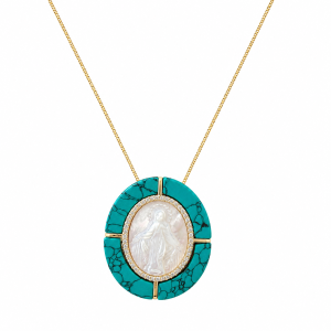 Colar Nossa Senhora Mandala Nossa Senhora das Graças em Madrepérola Quartzo Azul em Volta Banhado em Ouro