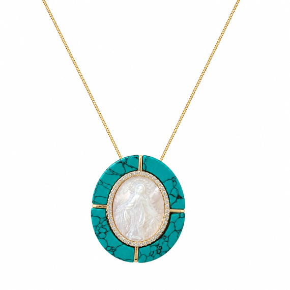 Colar Nossa Senhora Mandala Nossa Senhora das Graças em Madrepérola Quartzo Azul em Volta Banhado em Ouro