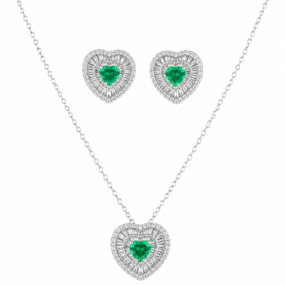Conjunto Pizza Coração Cravação Tripla Esmeralda Menta Cristal Banhado em Ródio Branco