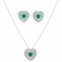 Conjunto Pizza Coração Cravação Tripla Esmeralda Menta Cristal Banhado em Ródio Branco