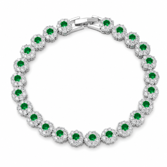 Pulseira Riviera Trabalhada Cravejada Esmeralda Banhado em Ródio Branco