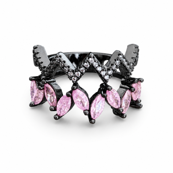 Anel Zig Zag Cravejado e Pedras Light Pink Banhado em Ródio Negro
