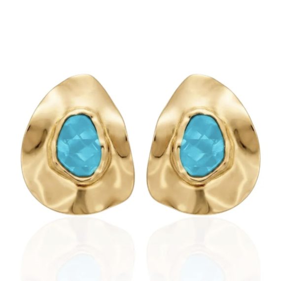 Brinco Orgânico Amassadinho Azul Banhado em Ouro